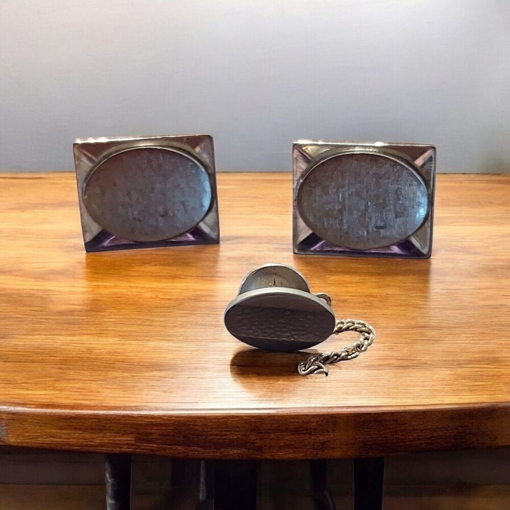 Vintage Cufflinks & Tie Tack Set Silver Color Brushed Texture